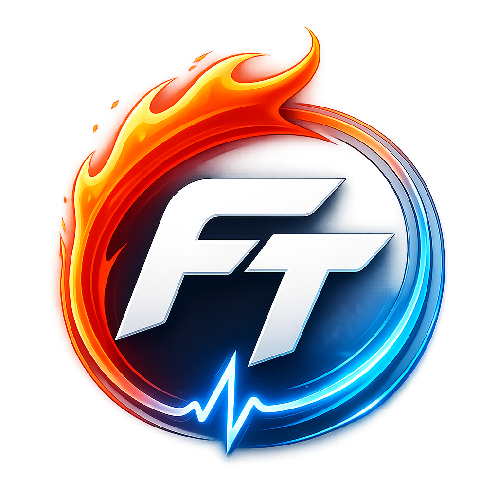 Fit This app icon — an FT monogram inside a fire arc that resolves into a blue heart-rate pulse